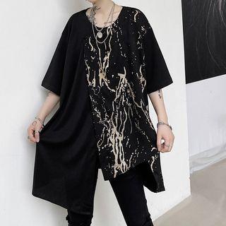 Short-sleeve Print Panel Irregular Hem T-shirt