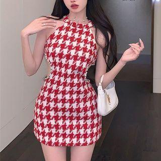 Spaghetti-strap Halter Neck Houndstooth Mini Sheath Dress Red - One Size