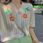 Flower Embroidered Short-sleeve Knit Top / High Waist A-line Skirt