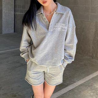 Polo-collar Lettering Sweatshirt