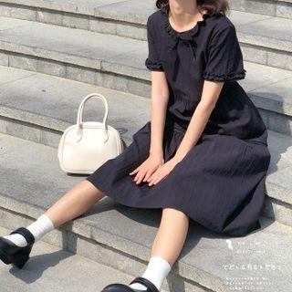 Short-sleeve Bow-front Frill Trim Midi A-line Dress