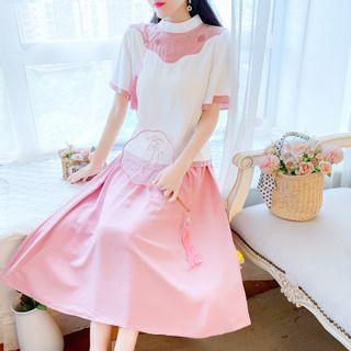 Set: Short-sleeve Two-tone Top + A-line Skirt