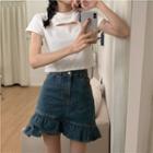Ruffle Hem Denim Mini A-line Skirt / Cutout Cropped T-shirt