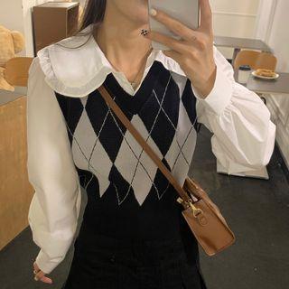 Argyle V-neck Tank Top Vest / Peter Pan Collar Wood Ear Trim Shirt