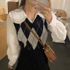 Argyle V-neck Tank Top Vest / Peter Pan Collar Wood Ear Trim Shirt