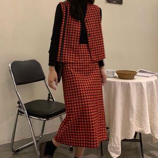 Plaid Vest / Midi A-line Skirt