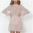 Mock Turtleneck Long-sleeve Floral Mini A-line Dress