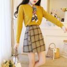 Plain Knit Top / Mini Plaid A-line Skirt / Set