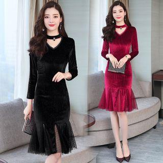 Long-sleeve Velvet Godet Sheath Dress