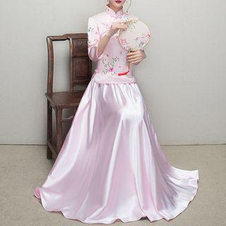 3/4-sleeve Embroidered Chinese Style Bridesmaid Dress