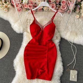 Rhinestone Slit Sleeveless Sheath Dress