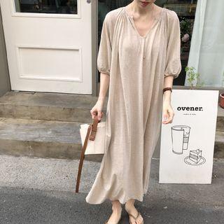Lantern-sleeve Plain V-neck T-shirt Dress