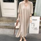 Lantern-sleeve Plain V-neck T-shirt Dress