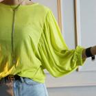 Shirred Batwing-sleeve Cotton Top