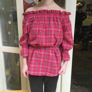 Plaid Off-shoulder Blouse With Belt