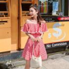Ruffle Short-sleeve Off-shoulder Gingham A-line Dress