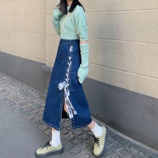Lace-up Slit Denim Midi A-line Skirt