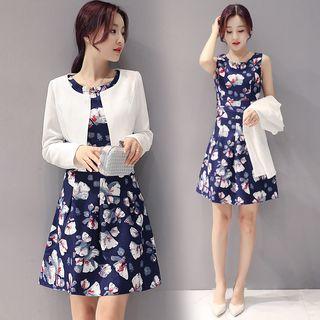 Set : Patterned Short-sleeve Top + Suspender Skirt