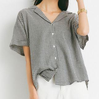 Short-sleeve Check Shirt Khaki - One Size