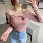 Asymmetric Cold-shoulder Long-sleeve T-shirt Pink - One Size