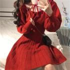 Long-sleeve Off-shoulder Knit A-line Dress Red - One Size