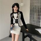 Two-tone Knit Mini Bodycon Dress Black & White - One Size