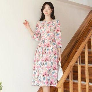 Boatneck Shirred Midi Floral Dress