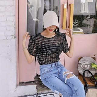 Round-neck Dotted Sheer Top