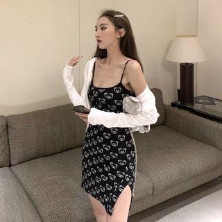 Bear Print Spaghetti Strap Mini Bodycon Dress / Plain Cardigan