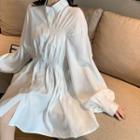 Balloon-sleeve Shirred A-line Shirtdress