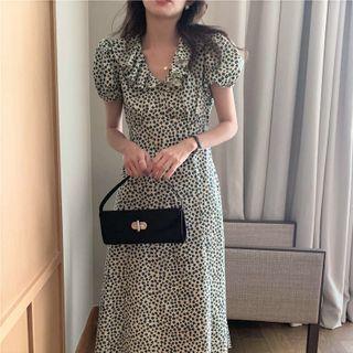 Puff-sleeve Ditsy A-line Midi Dress