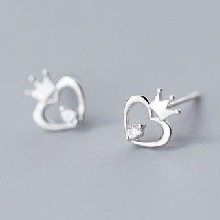 925 Sterling Silver Rhinestone Crown & Heart Earring S925 Silver - 1 Pair - Silver - One Size