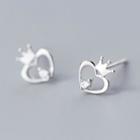 925 Sterling Silver Rhinestone Crown & Heart Earring S925 Silver - 1 Pair - Silver - One Size