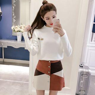 Set: Mock-neck Long-sleeve Knit Top + Color Block A-line Skirt