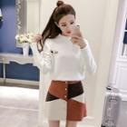 Set: Mock-neck Long-sleeve Knit Top + Color Block A-line Skirt