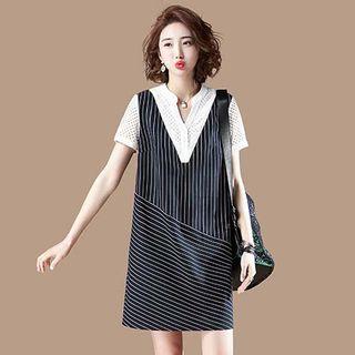 Short-sleeve Striped Panel Mock Two-piece Dress