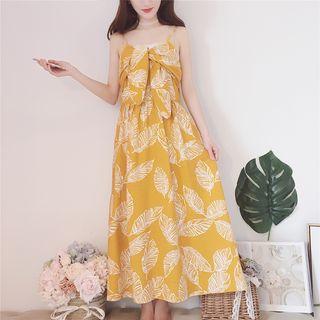 Spaghetti Strap Leaf Print A-line Dress