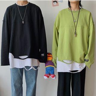 Couple Matching Mock Two-piece Distressed Long-sleeve T-shirt
