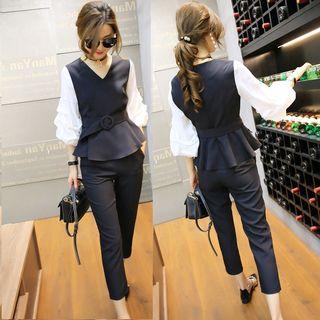 Set: Puff-sleeve V-neck Blouse + Cropped Dress Pants