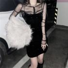 Set: Long-sleeve Mesh Top + Spaghetti Strap Dress Set Of 2 - Mesh Top & Dress - Black - One Size