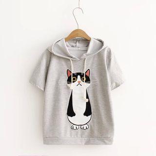 Cat Embroidered Short Sleeve Hoodie