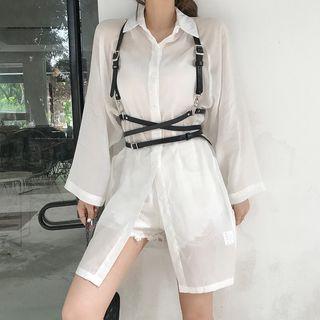 Plain Long-sleeve Loose-fit Shirt / Belt