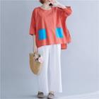 3/4-sleeve Contrast Pocket Top As Shown In Figure - One Size
