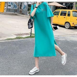 Elbow-sleeve Slit-hem Midi T-shirt Dress