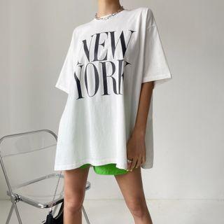 Short-sleeve Round-neck Lettering Side-slit T-shirt White - One Size