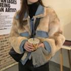 Lapel Chenille Color Block Jacket Almond & Blue - One Size