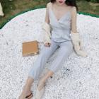 Spaghetti-strap Tie-waist V Neck Jumpsuit