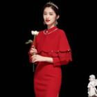 Set: 3/4-sleeve Slit Sheath Dress + Faux Pearl Cape