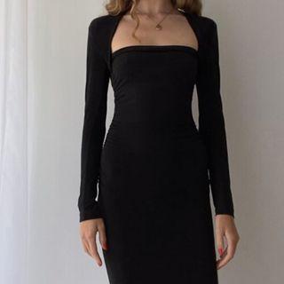 Long Sleeve Square-neck Plain Midi Dress