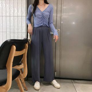 Long-sleeve Ruffled Top / High-waist Wide-leg Pants